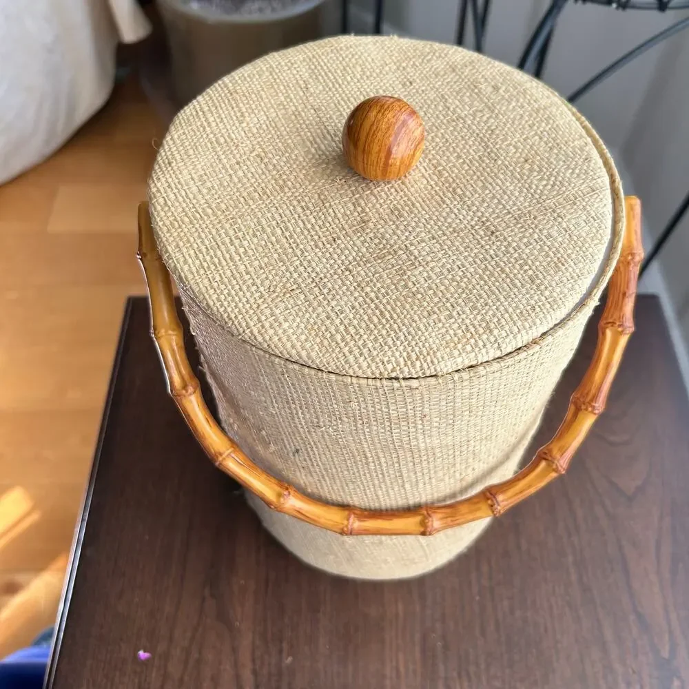 Vintage Mid-Century Modern Tall Grass Cloth Ice Bucket with Bamboo Handle